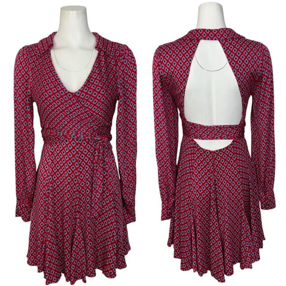 Free People It Takes Two Sleeve Mini Dress S Pop Combo Wrap Tie Cutout Back Fall - Picture 1 of 11